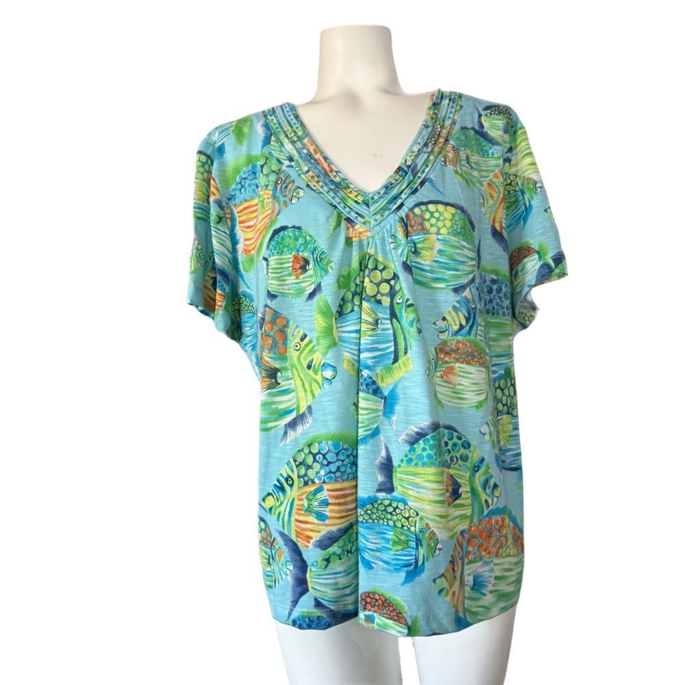 Vintage Alfred Dunner Colorful Fish Print V-Neck Top Petite PXL